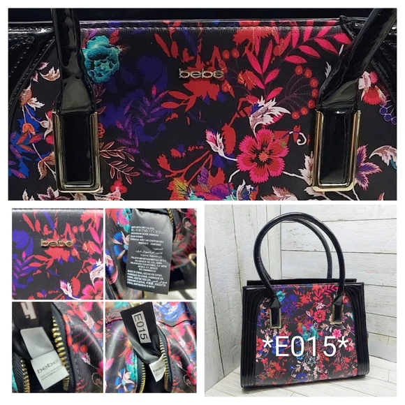 Bebe Black Multi-Floral Print Med/Lrg 2Handle Zip Pockets Square Satchel Handbag - Picture 8 of 8
